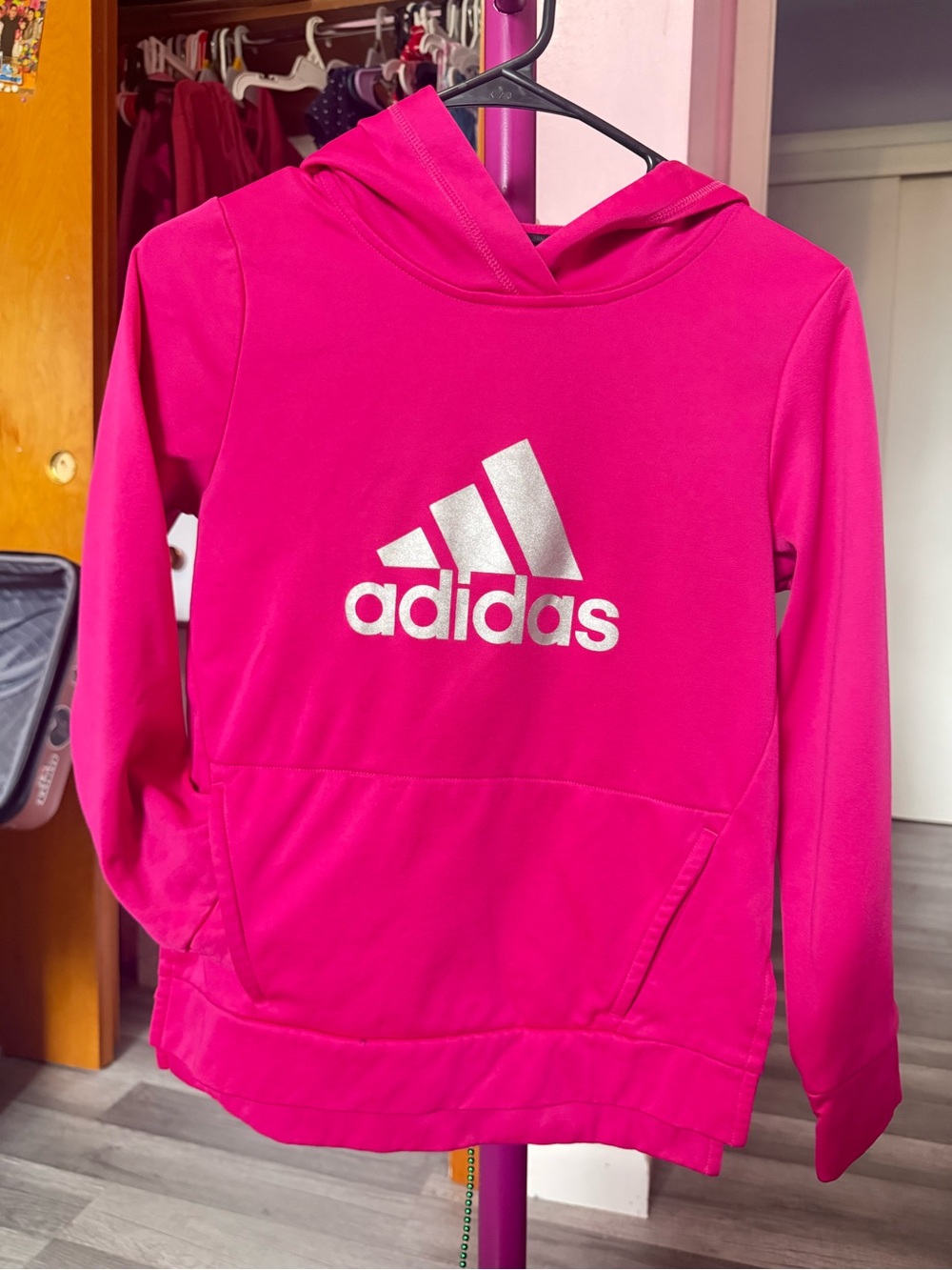 adidas Bright Pink Hoodie with Silver Logo - Picture 5 of 7